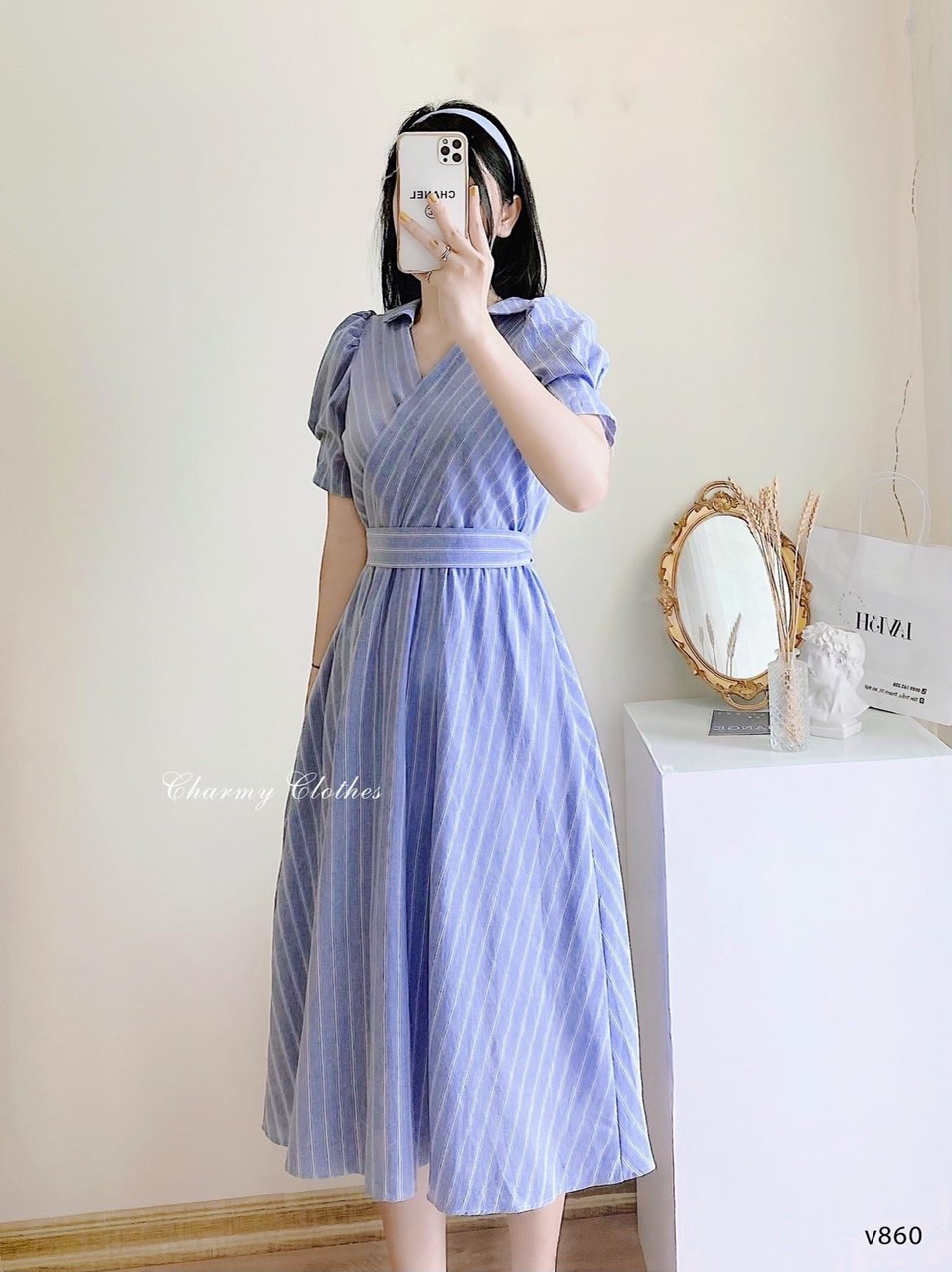 Đầm kẻ xanh cổ sơ mi dáng dài đai eo DN600