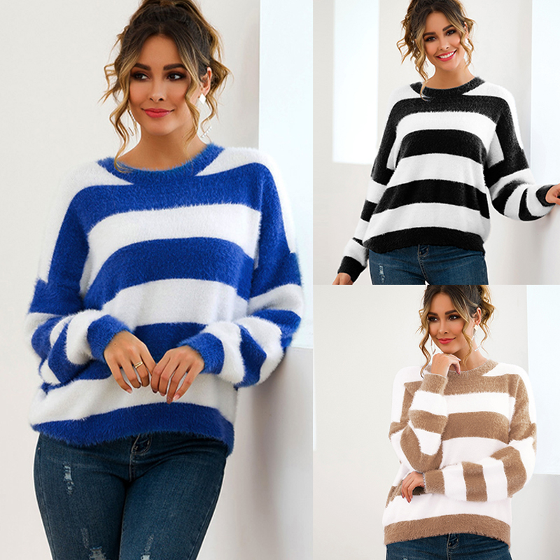 Fashion Women Winter Striped Fluffy Knitted Sweater Splicing O Neck Long Sleeve Casual Sweet Warm Pullover Knitwear