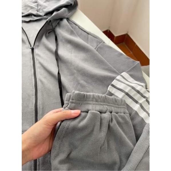 Set bộ quần áo len tăm 3 sọc áo hoodie quần dài màu xám mặc thu đông
