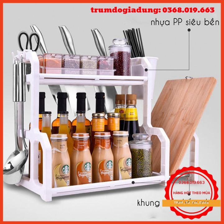 Kệ để đồ nhà bếp chữ h giá đựng gia vị 2 tầng đa năng thông minh kèm khay dao thớt nhựa để bàn phòng đẹp