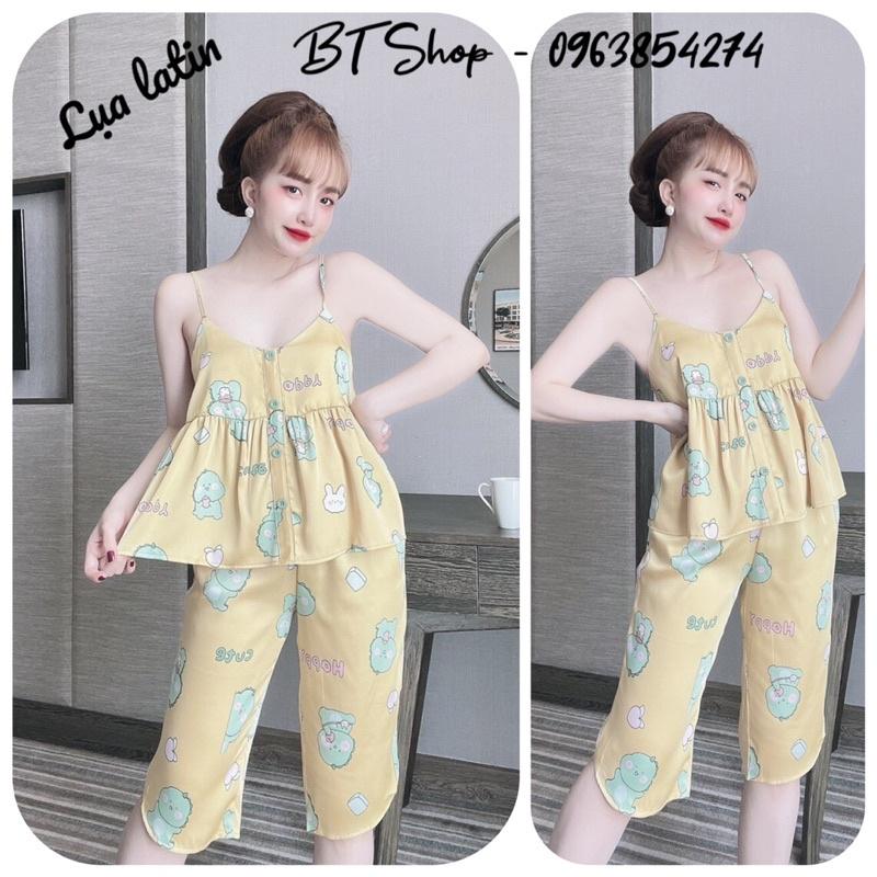 Đồ ngủ mặc nhà lụa latin 2 dây nút lửng hoạ tiết freesize 42-57kg