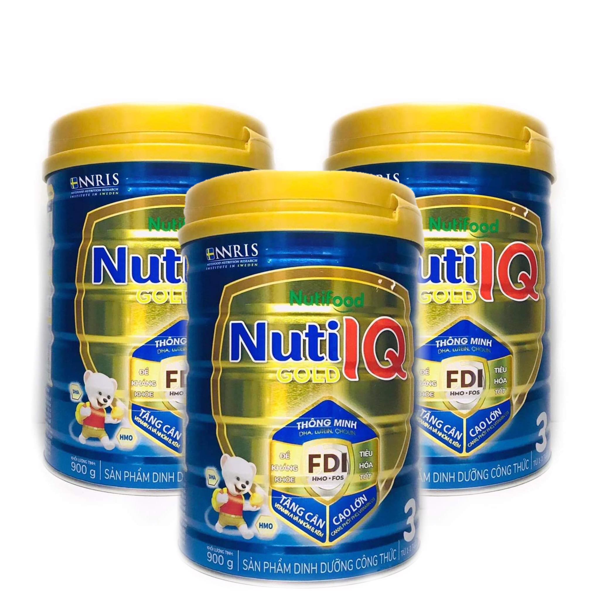 Bộ 3 lon sữa Nuti IQ Gold 3 900g - Phát triển não bộ và thị giác, Tăng cường sức đề kháng, Phát triển cân nặng - chiều cao, Tiêu hoá - hấp thu tốt, Ngăn ngừa táo bón