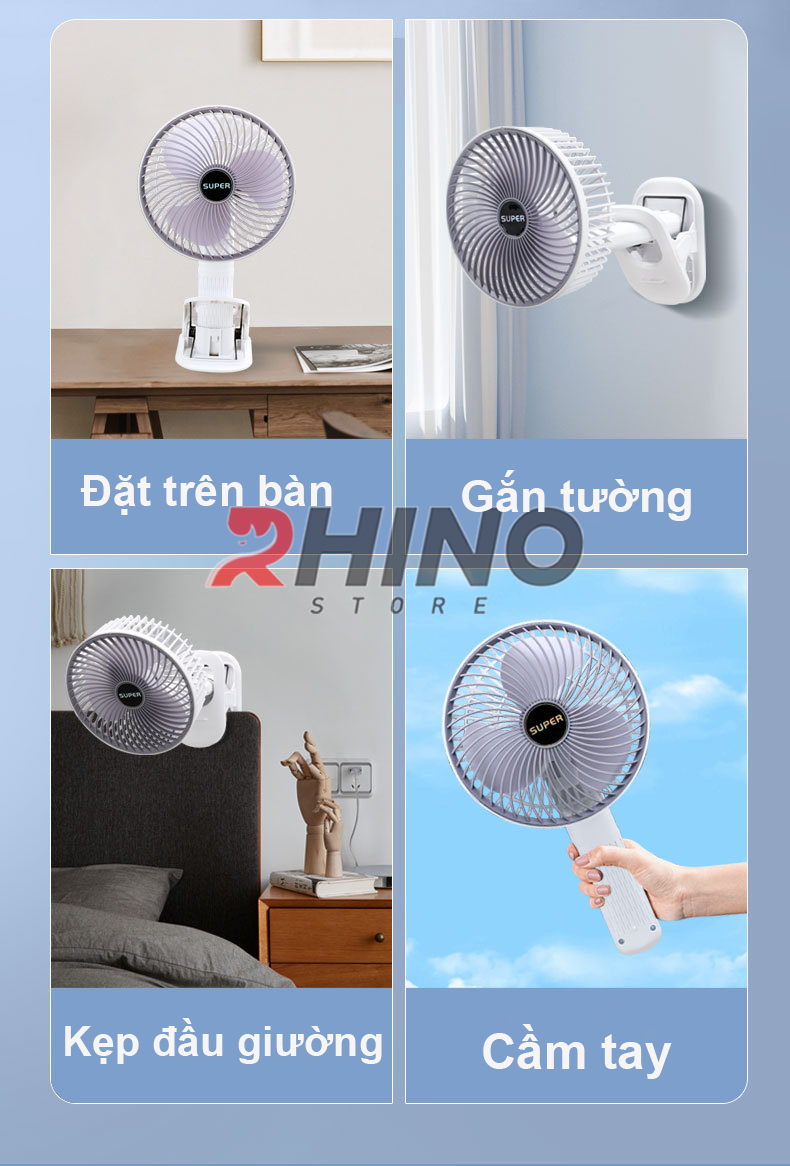 Quạt cầm tay mini siêu mát Rhino F402 tích điện với 3 mức độ gió, kèm đế, lượng pin cao - Hàng chính hãng