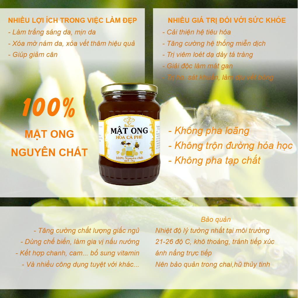 Mật ong nguyên chất Beemo, mật ong hoa cà phê từ thiên nhiên - Làm đẹp,hỗ trợ giảm cân, hỗ trợ điều trị ho, gia vị