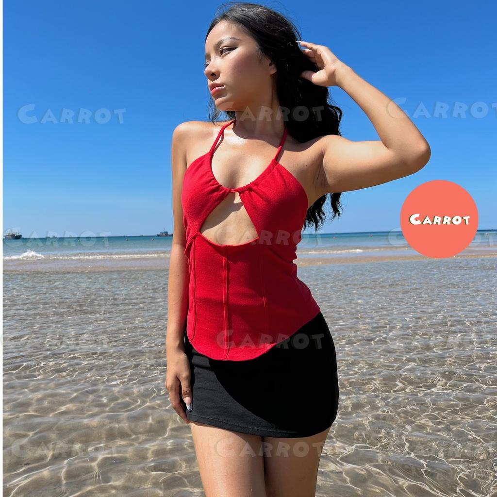 Áo croptop thiết kế khoét ngực tôn dáng chân váy ngắn ôm body cột đi biển đi du lịch carrotxinhdep chất cao cấp co giãn