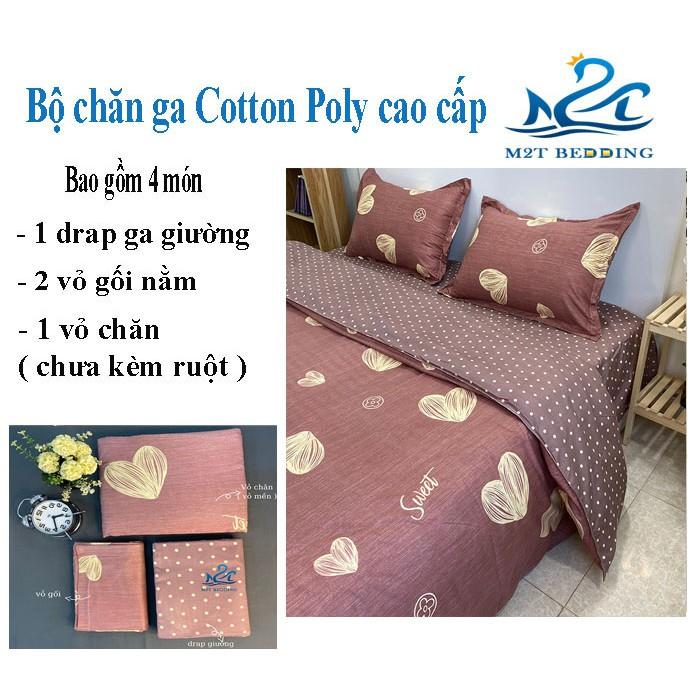 Bộ chăn ga gối Cotton Poly M2T bedding Tim vàng xước, vỏ chăn mên, drap giường và 2 vỏ gối