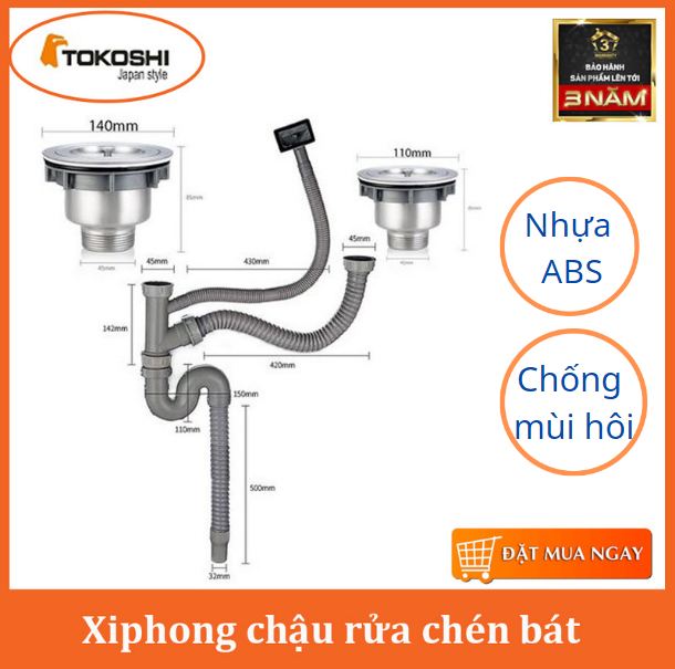 Xiphong chậu rửa chén bát đôi, bộ xả chậu rửa chén hai hộc, Nhựa ABS chống mùi hôi cao cấp