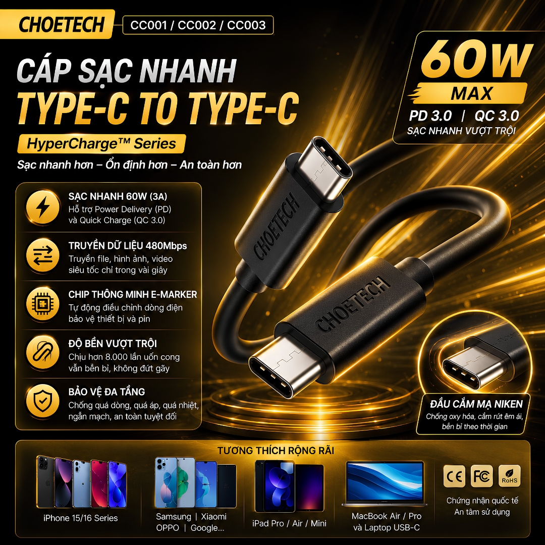 Dây cáp sạc nhanh PD QC 3.0 60W USB-C to Type-C Choetech Công nghệ HyperCharge C-Series -  - tiêu chuẩn CE, FCC, RoHS, 480Mbps | CHIP E-MARKER THÔNG MINH - Hàng nhập khẩu