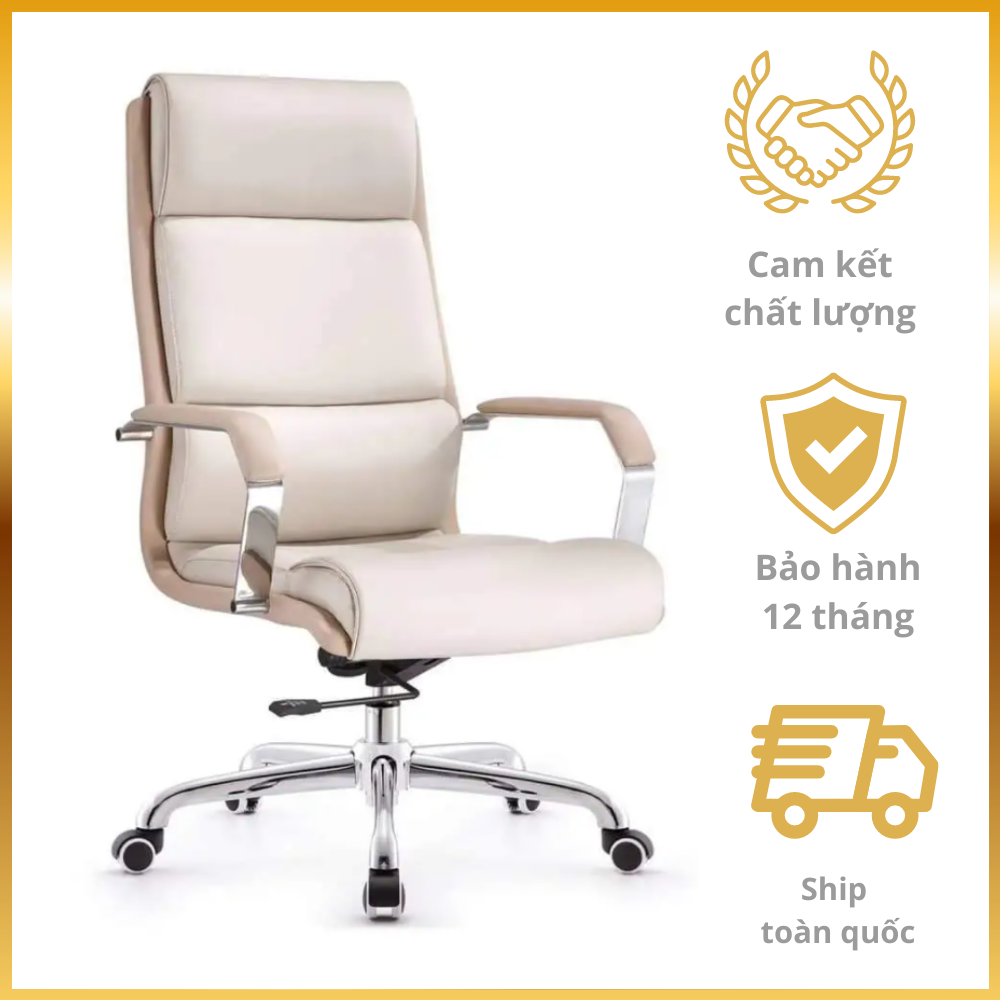 Ghế da giám đốc nhập khẩu cao cấp Ghế văn phòng lưng cao nệm PVC màu trắng kem chân xoay thép mạ chrome bóng CM4417-P Director Office Chairs Beige Color