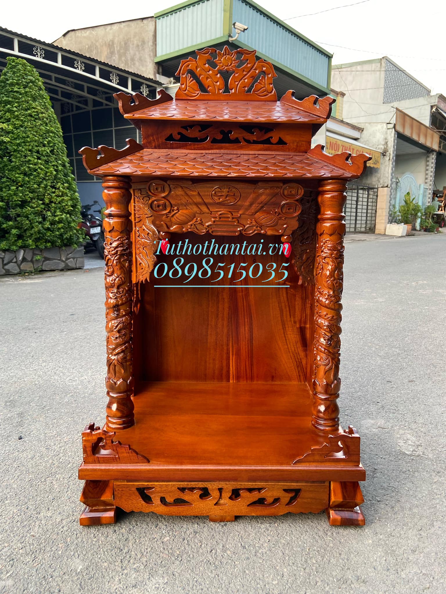 Bàn thờ thần tài gỗ Tràm, mái ngói 60 X 98CM