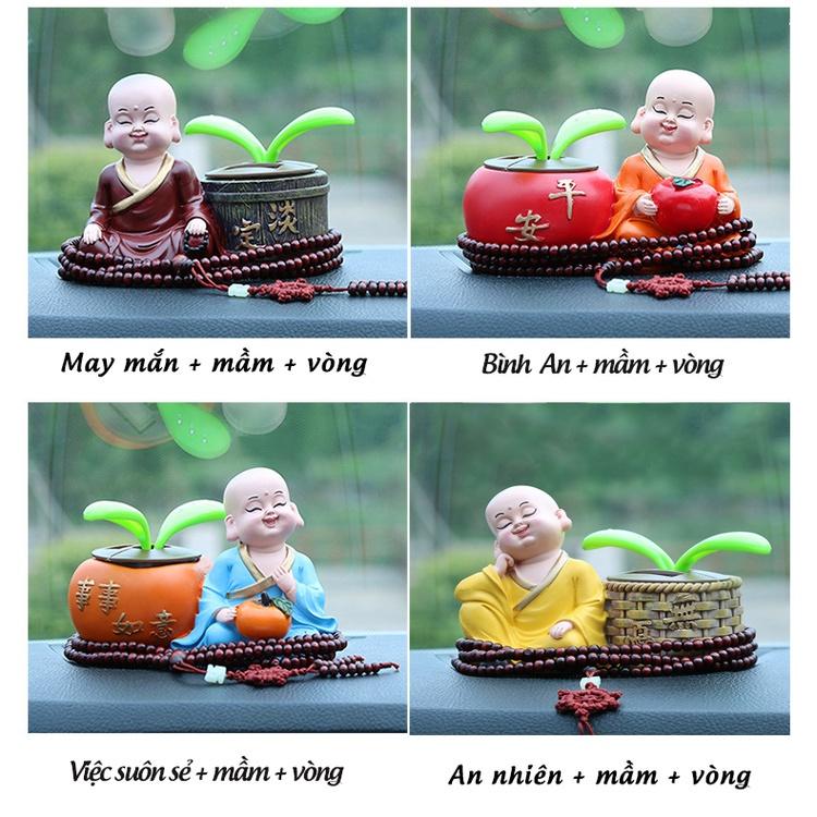 Tượng Chú Tiểu An Nhiên Cạnh Mầm Cây Bồ Đề Lắc Lư Bằng Năng Lượng Mặt Trời Trang Trí Taplo Oto Tặng Chuỗi Vòng 216 Hạt