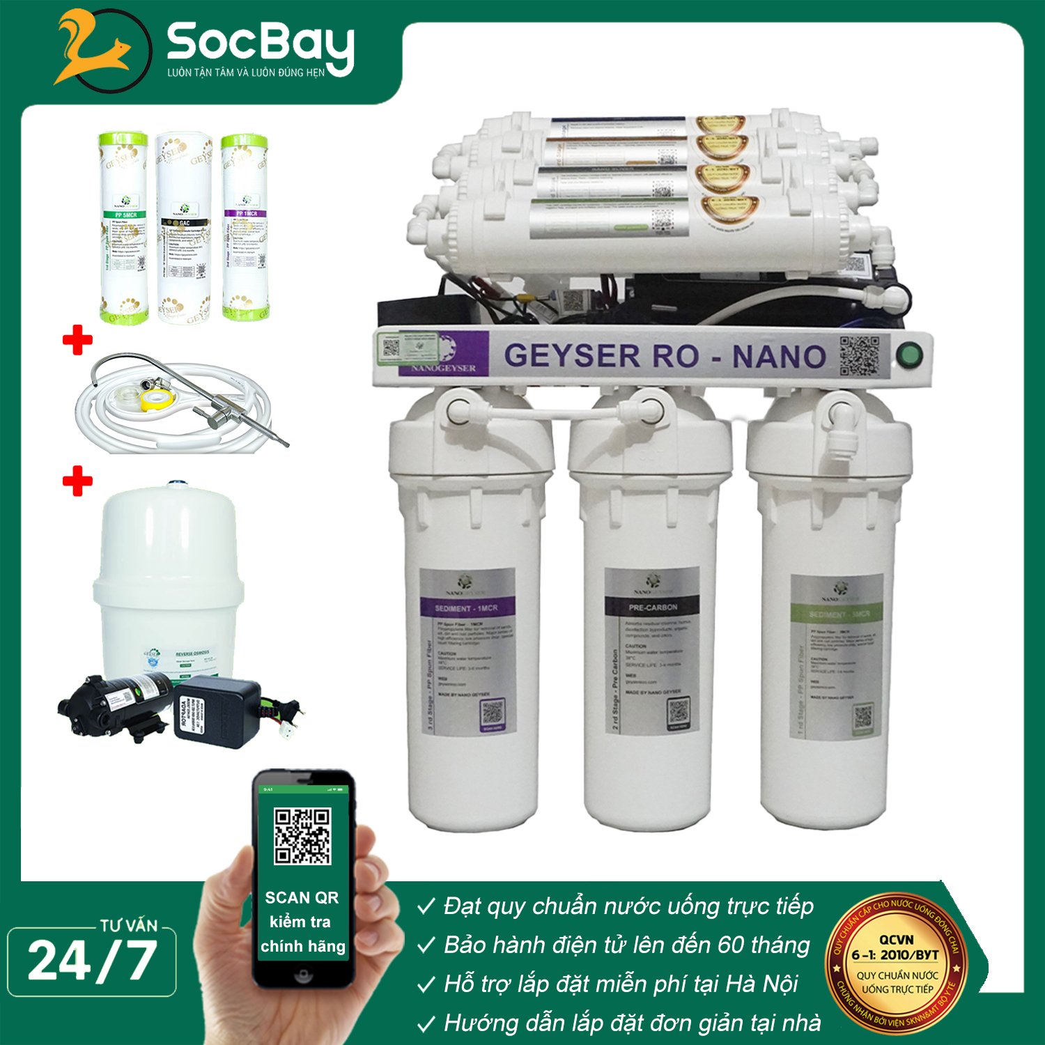 Máy lọc nước RO Hydrogen Geyser RO-NANO 8 Cấp lọc, Tặng kèm bộ lọc thô & Bộ phụ kiện trị giá 499k - RO - NANO 8 CẤP LỌC