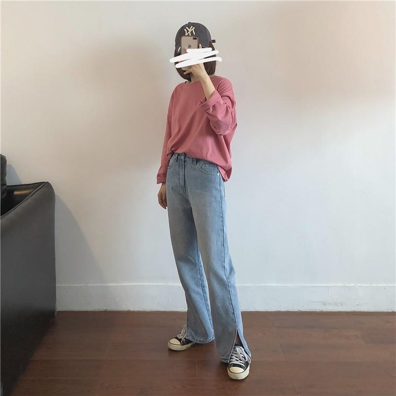 Quần jean nữ ống rộng SIMPLE Xẻ Line phong cách Hàn Quốc