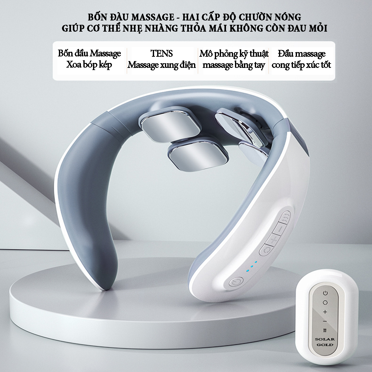 Máy massage cổ vai gáy tích hợp 4 đầu massage, chức năng chườm nóng, có remoss điều khiển, pin sạc 5V/800mA, giải pháp trị liệu hiệu quả