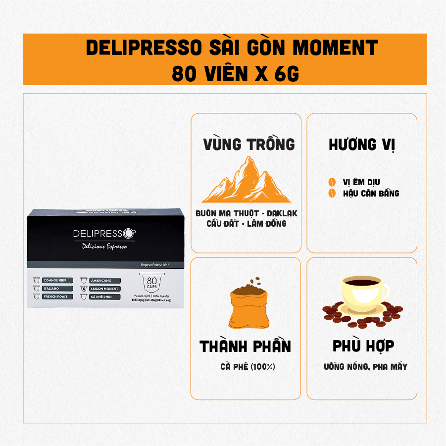 Cà phê Delipresso Sài Gòn Moment 80 viên x 6g - Cà phê viên nén Delipresso Sài Gòn Moment - Viên nén cà phê - Cà phê pha máy - Phương Vy Coffee - Phương Vy