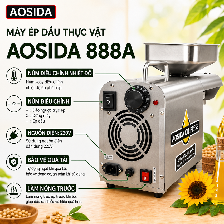 HÀNG CHÍNH HÃNG - Máy ép dầu thực vật dùng trong gia đình. Thương hiệu Anh Quốc cao cấp AOSIDA - 888A