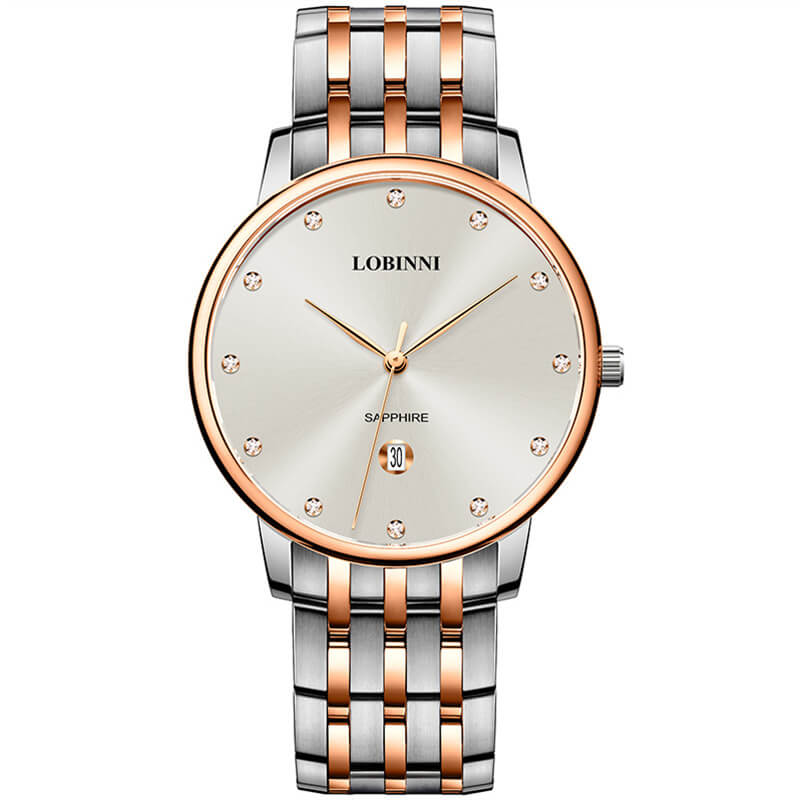 Đồng hồ nam Lobinni L3010-5 chính hãng Thụy Sỹ ,Kính sapphire ,chống xước ,Chống nước 30m,mặt trắng vỏ vàng hồng dây kim loại thép không gỉ 316L,Máy điện tử  ,Bảo hành 24 Tháng,thiết kế đơn giản ,trẻ trung và sang trọng