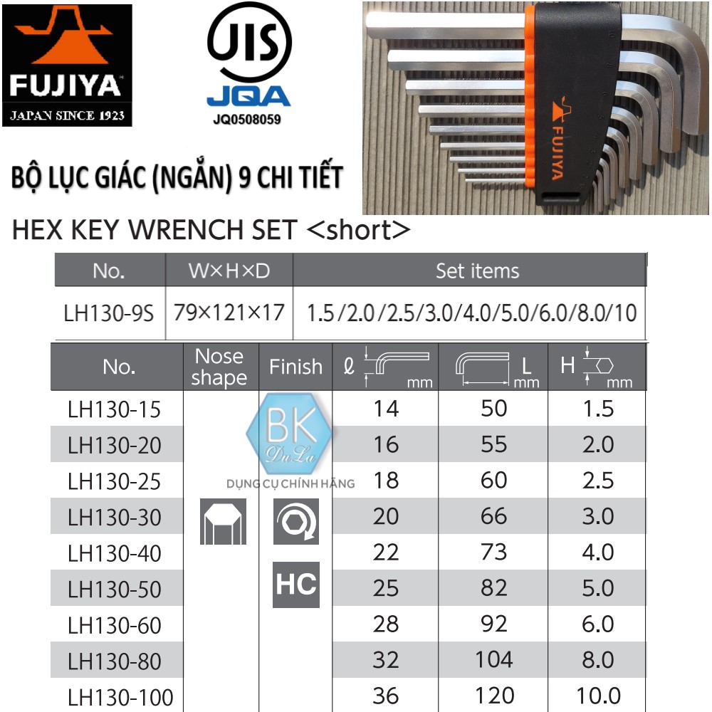 Bộ cờ lê lục giác ngắn đầu bằng lục giác 9 chi tiết FUJIYA LH130-9S made in Japan