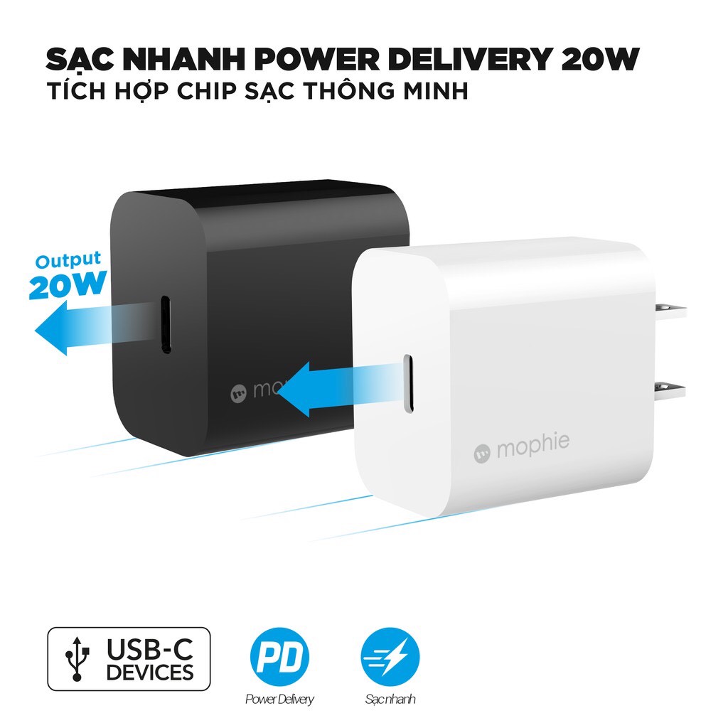 Hình ảnh Combo sạc nhanh Mophie Power Delivery 20W USB-C - Cáp Mophie C to LN 1M - Hàng chính hãng