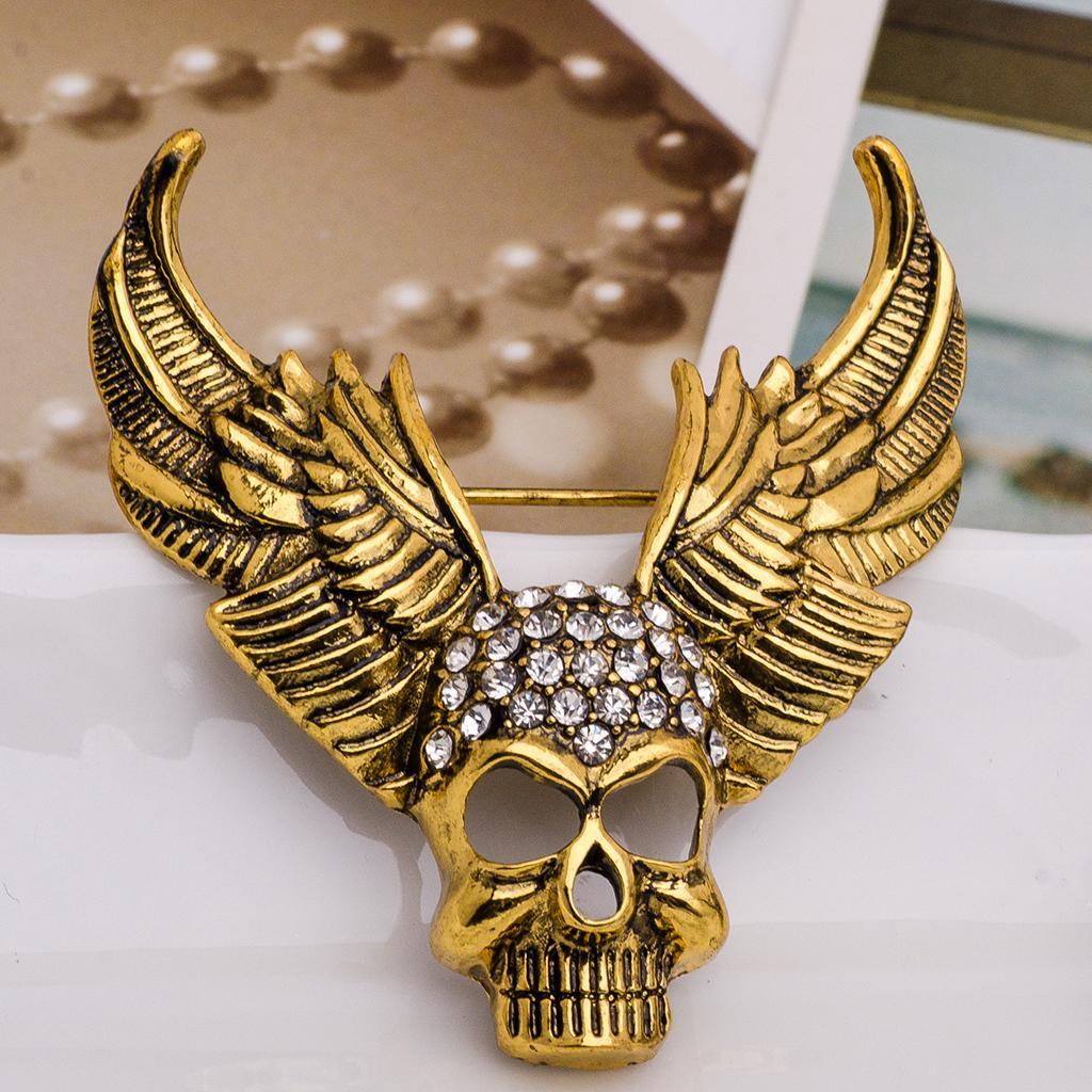 2X Fashion Style Angel Wings Skull Brooch Metal Plated Hollaween Jewelry Gold