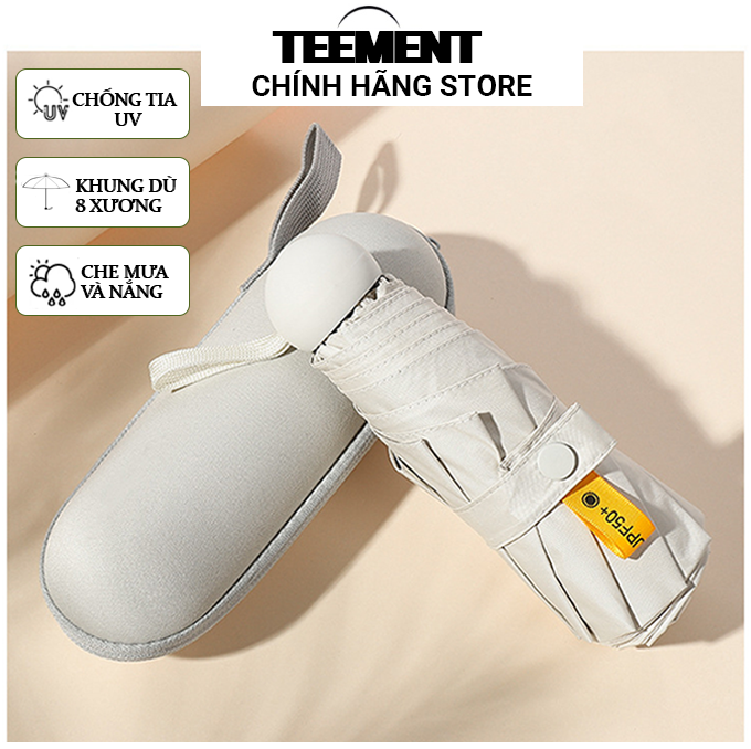 Ô Dù Gấp Gọn Mini Teement 19Cm, Dù Che Mưa, Dù Chống Tia Uv Mini Siêu Gọn 8 Xương, Có Hộp Đựng Chống Sốc - Hàng Chính Hãng - Trắng Kem