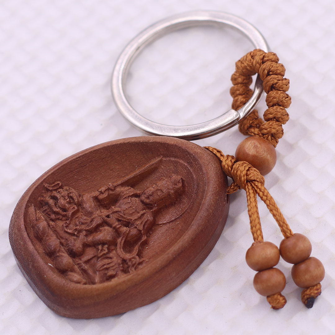 Móc chia khóa Phật Văn thù gỗ đào, móc chìa khóa Phật bản mênh