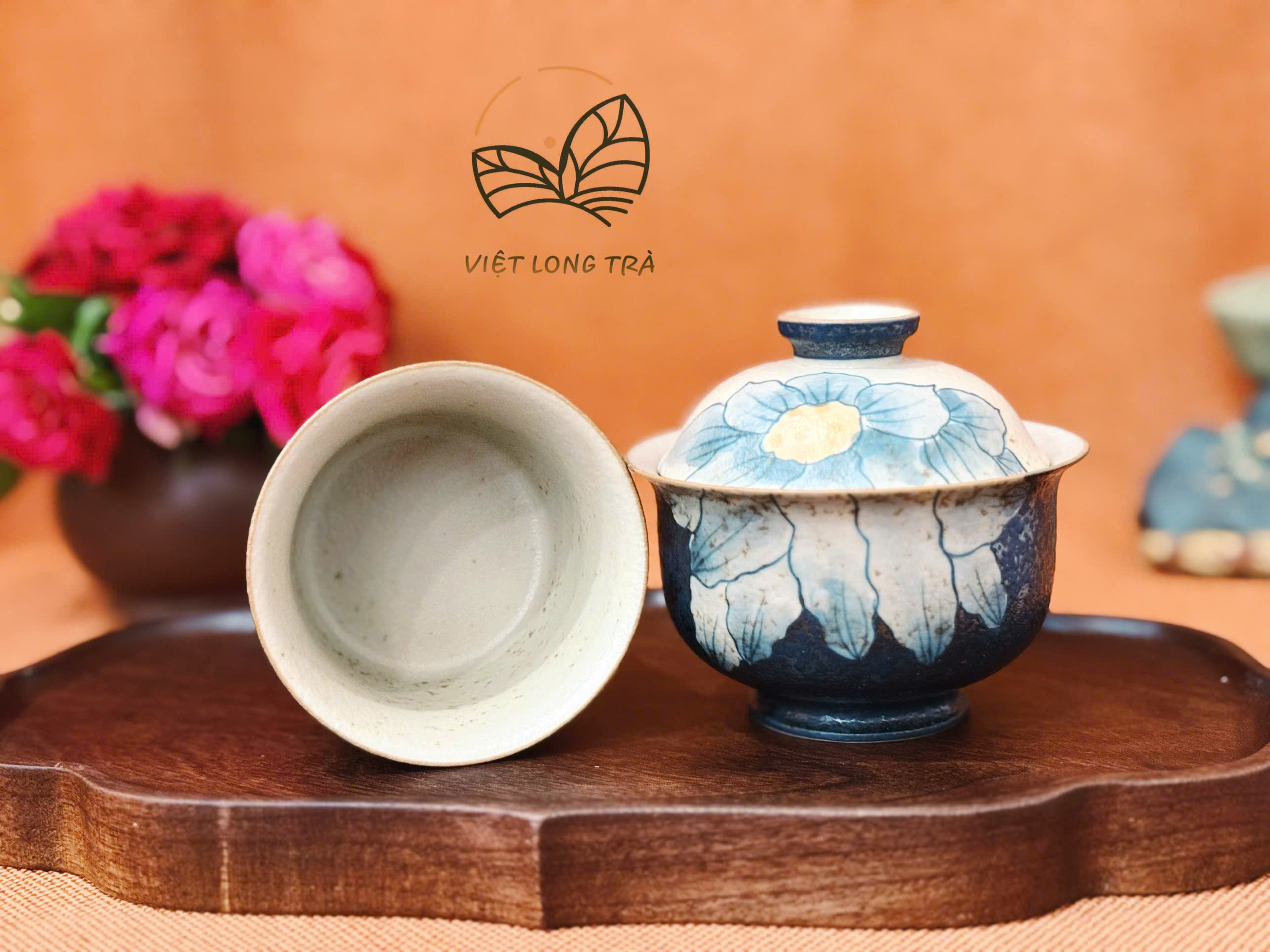 BỘ CHÉN KHẢI GỐM SỨ HOA CÚC VẼ TAY MÀU XANH ĐẬM - BỘ 3 MÓN DU LỊCH TIỆN LỢI