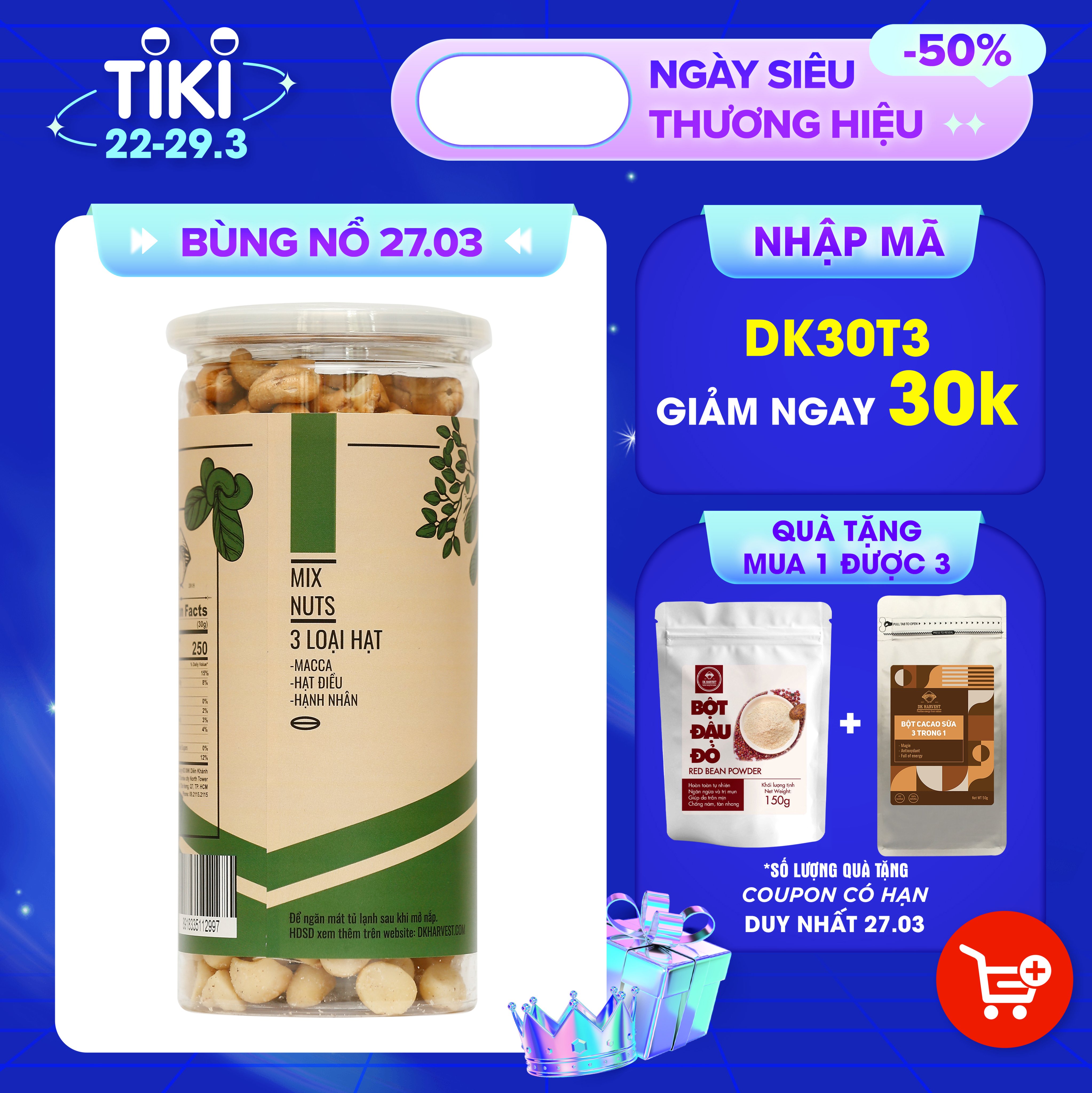 Hạt Mix 3 Loại (Macca - Hạt Điều - Hạnh Nhân) DK Harvest nhập khẩu - hạt ngũ cốc dinh dưỡng, ăn vặt, giảm cân, eatclean, thực dưỡng