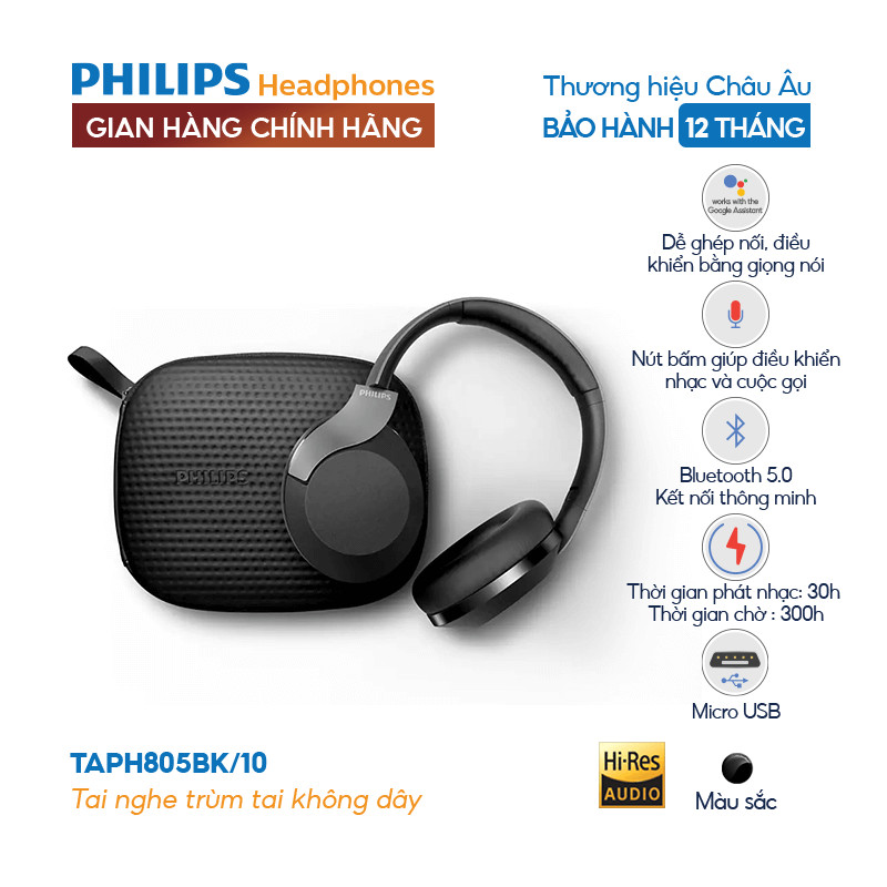 Tai nghe Bluetooth Philips Hi-Res Audio - TAPH805BK/10- Màu đen- chính Hãng Phân Phối