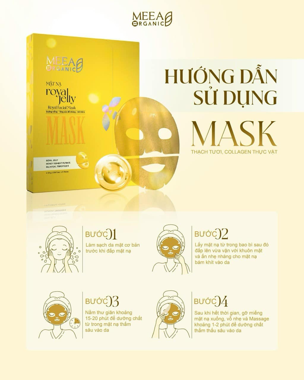 Mặt Nạ Thạch Collagen Meea Organic Màu Vàng Royal Jelly Mask Hộp 5 Miếng