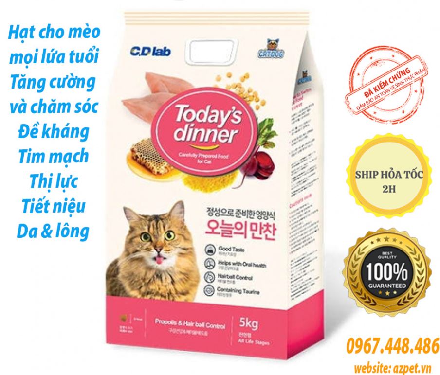Hạt cho mèo Today's Dinner, Thức ăn cho mèo mọi lứa tuổi. Tăng cường và chăm sóc đề kháng, Tim mạch, Thị lực. Túi 1kg