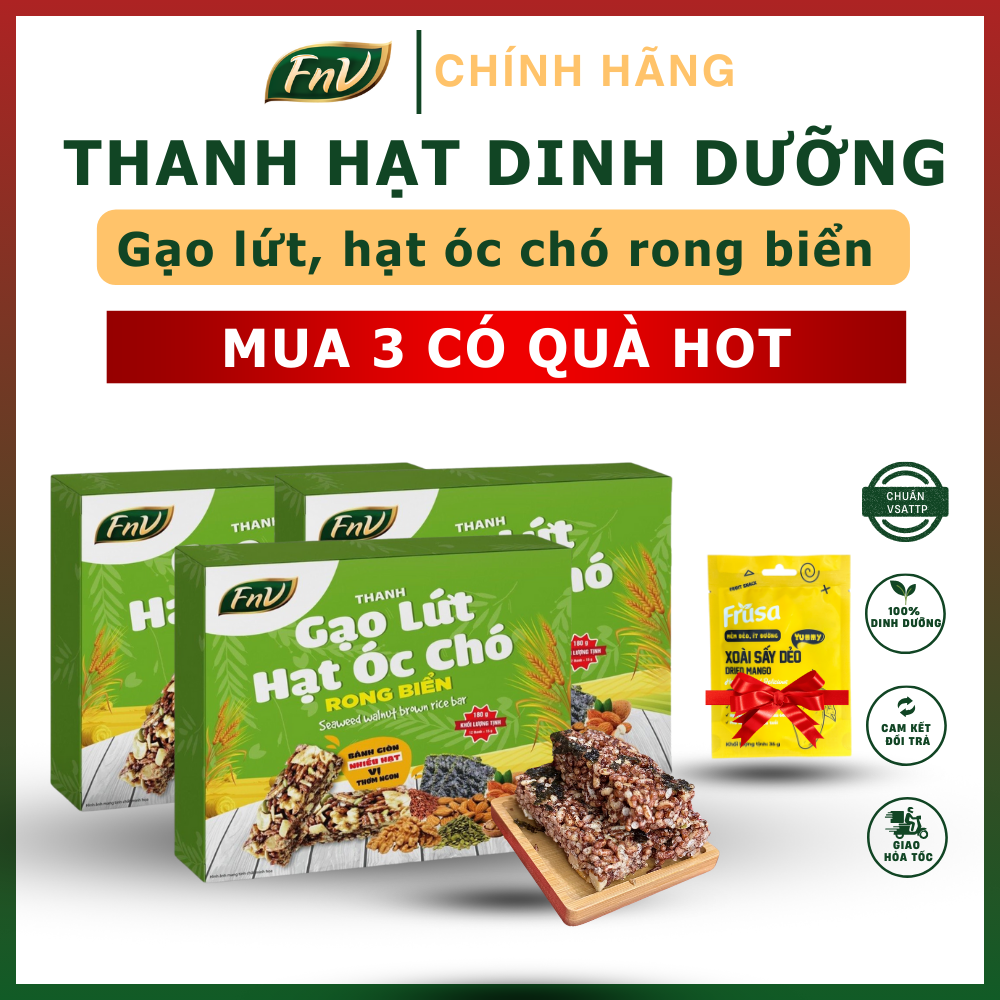 Thanh gạo lứt hạt óc chó rong biển, mau 3 hộp 180g + Tặng 1 bịch xoài sấy dẻo Frusa 35g