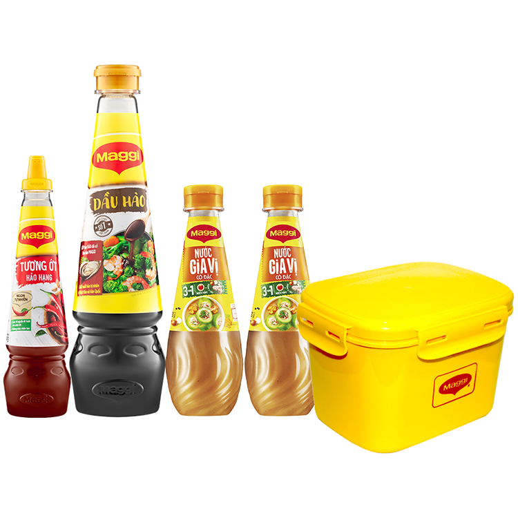 Combo MAGGI 1 chai Dầu hào 820g + 1 chai Tương ớt hảo hạng 330g + 2 chai Nước gia vị cô đặc 350g [Tặng 1 Hộp đựng thực phẩm 3 ngăn]