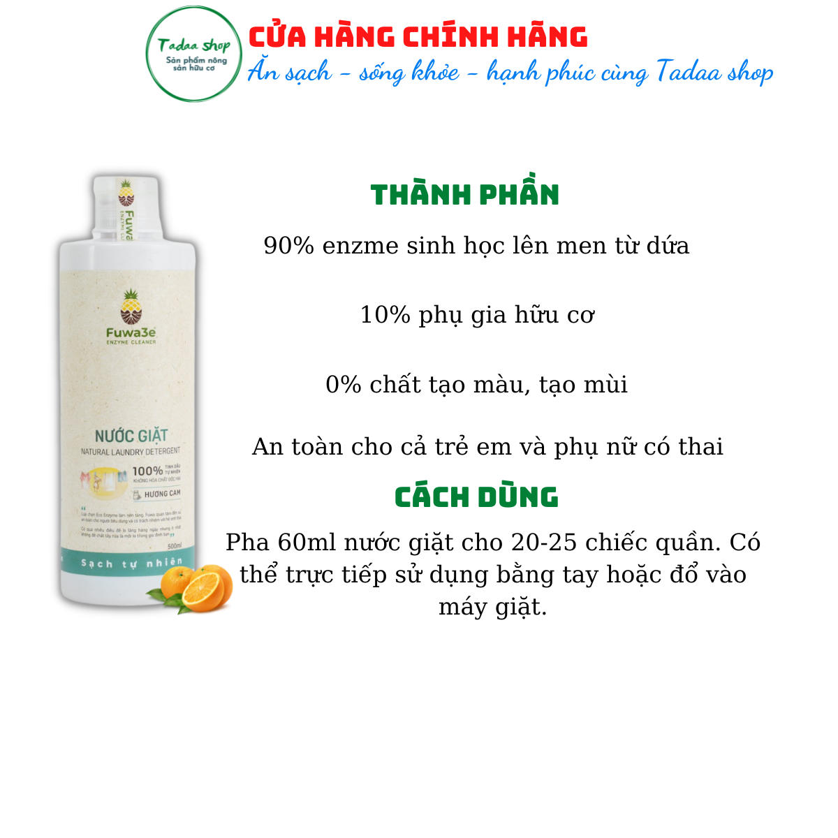 Nước giặt hữu cơ Organic Fuwa3e hương cam sạch nhanh tiết kiệm nước, không hại da tay chai 500ml