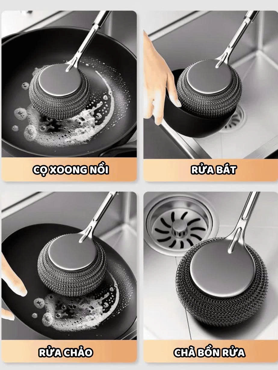 Cọ Rửa Nồi Cán Dài Inox Không Gỉ Đầu Búi Thép Tháo Rời Thay Thế Được Chà Sạch Vết Bẩn Cứng Đầu - HÀNG CHÍNH HÃNG MINIIN