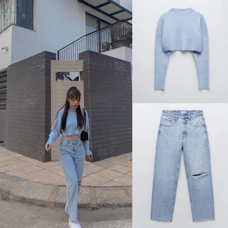Quần Bò Rách Gối Nữ - Jean suông ống rộng, cullotes cạp cao màu xanh cá tính Ulzzang