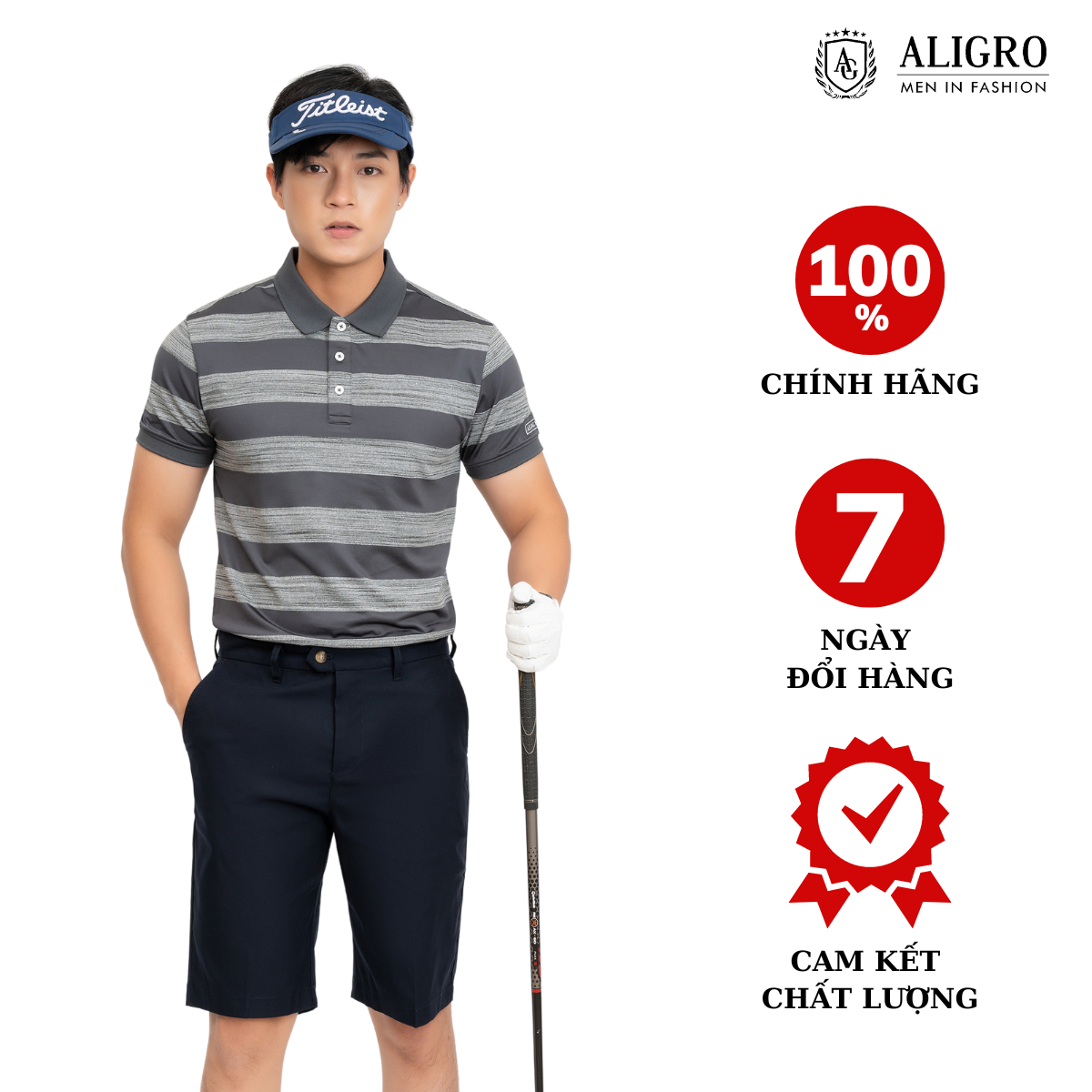 Áo polo nam cộc tay kẻ ngang ghi đen aligro ALGPLO57