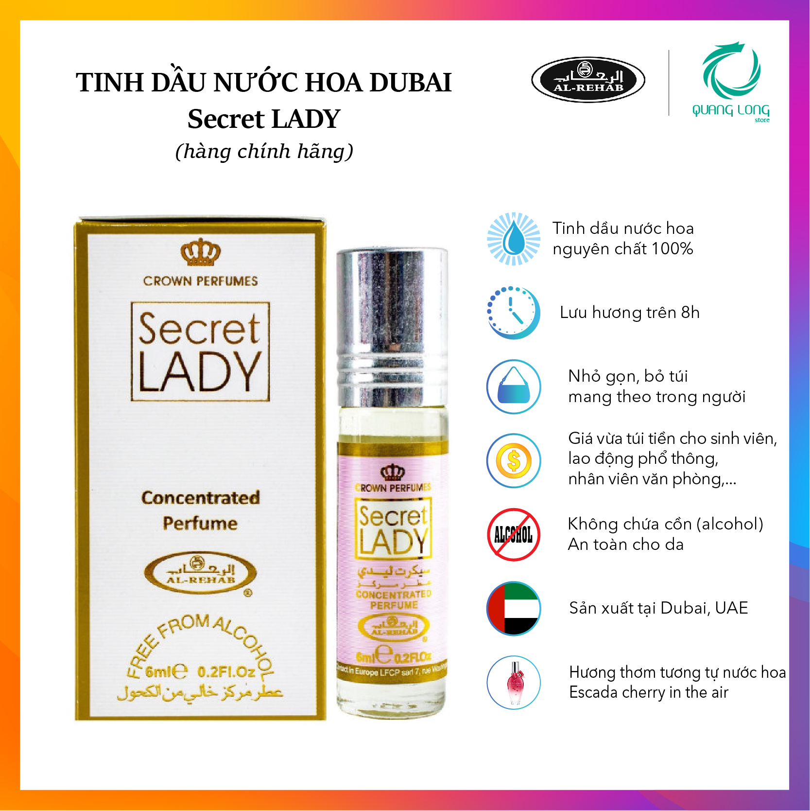 Tinh dầu nước hoa Dubai_ SECRET LADY Al-Rehab_ NỮ (Hàng chính hãng)