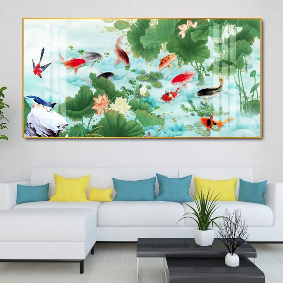 Tranh treo tường tráng gương cửu ngư quần tụ 2 bo viền tranh tặng kèm đinh treo
