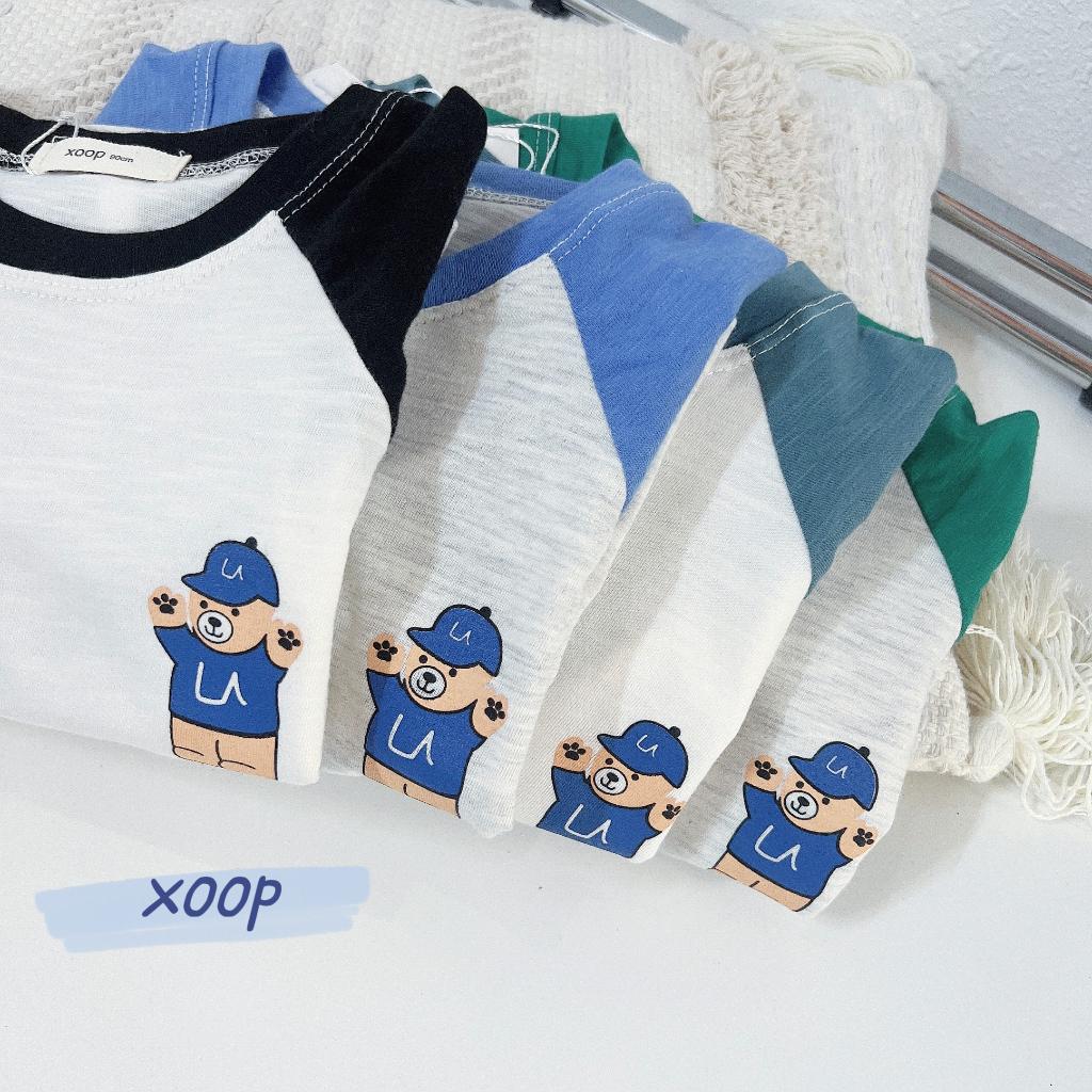 Bộ cộc phối tay XOOP cotton vân gỗ in gấu cho bé trai bé gái (11-21kg) BC70,Đồ bộ thời trang quần áo trẻ em mặc nhà