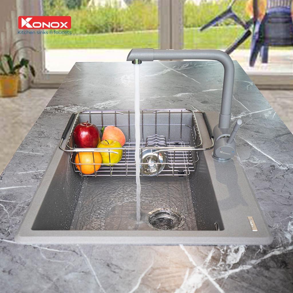 Vòi rửa bát nóng lạnh xoay 360 độ KONOX Felix Grey, bề mặt xử lý mạ PVD Granite, lõi hợp kim đồng 61% tiêu chuẩn Châu Âu CW617N