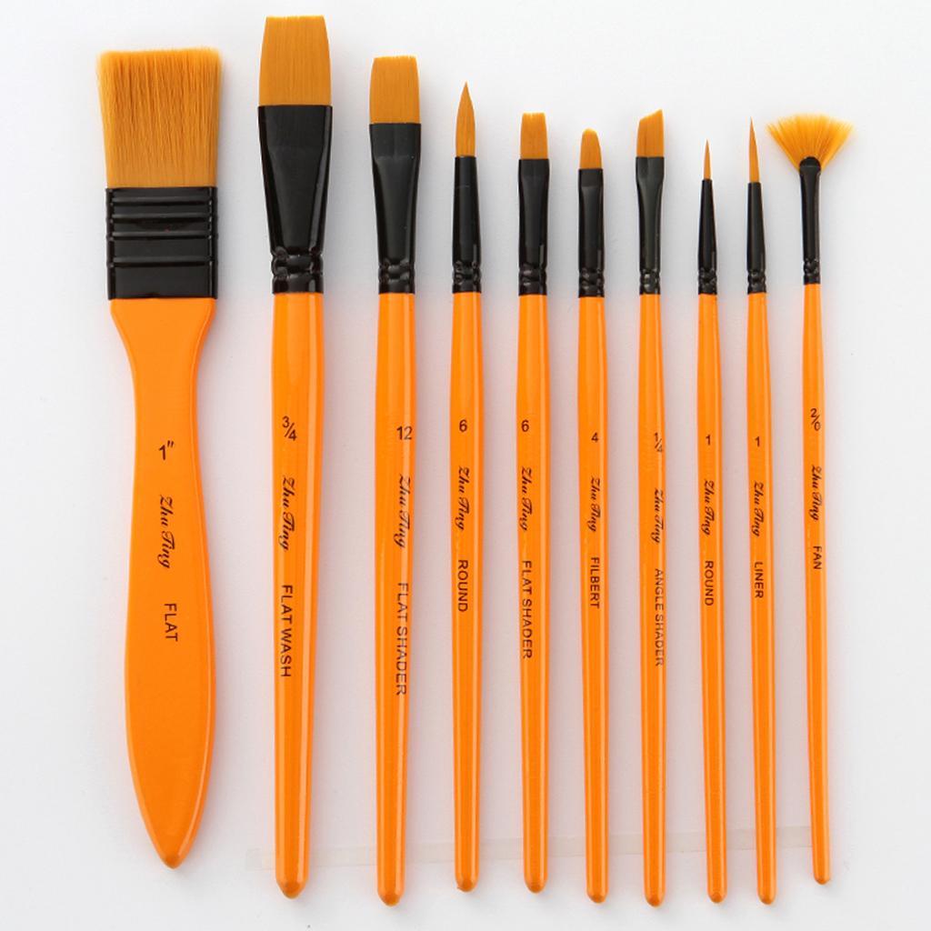 10 Wooden Handle Paint Brushes Artist Brushes Flat Brushes Oil Paint Brushes Brush Set with Zipper Storage Case Watercolor Painting Art Supplies