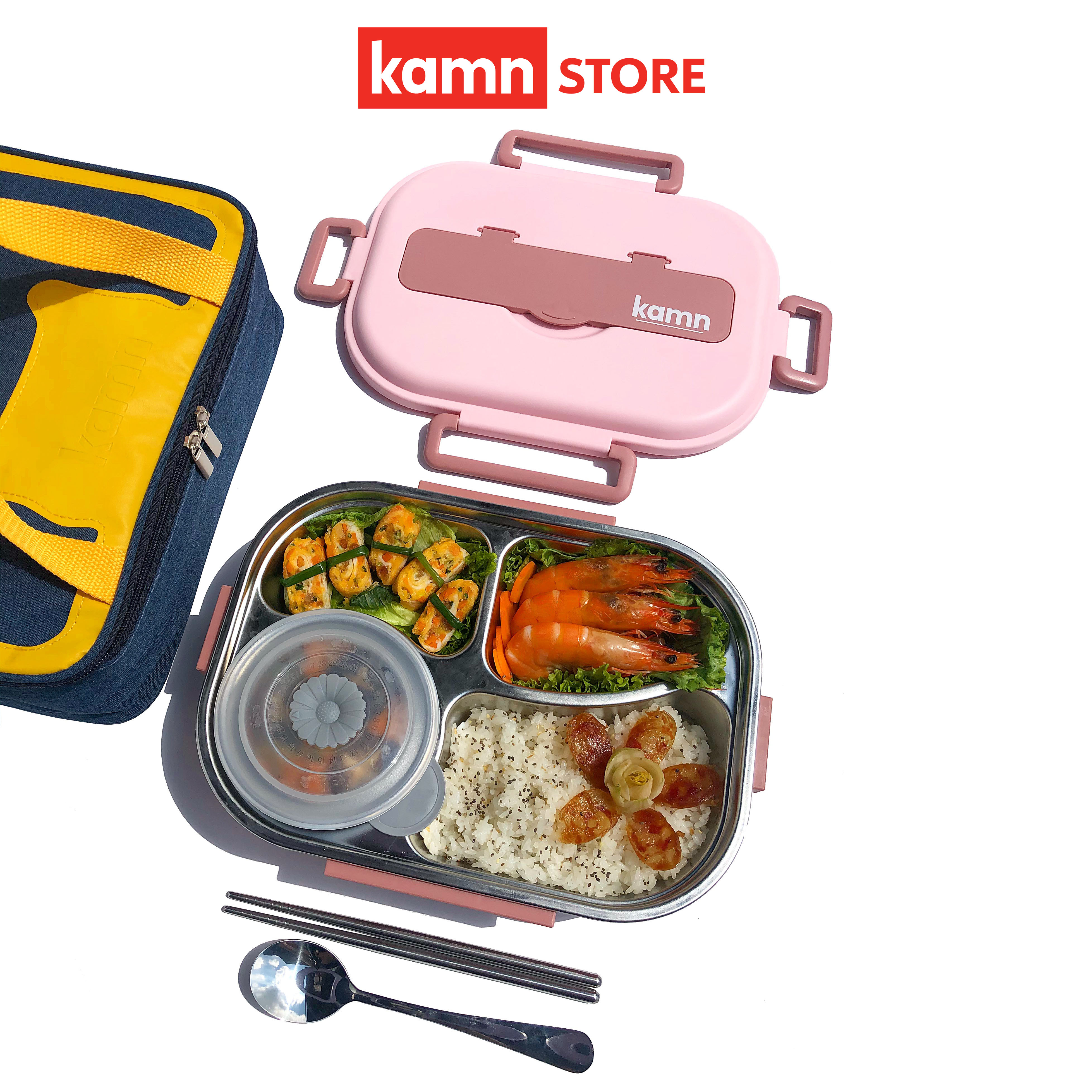 Hộp đựng cơm văn phòng giữ nhiệt Yummy Kamn, inox 304, 4 ngăn chống tràn, 4 màu hiện đại, hâm nóng đơn giản