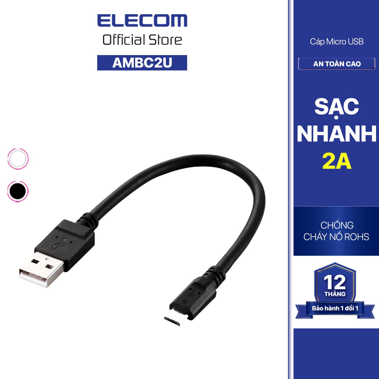 Dây cáp microUSB , 2A, sạc nhanh ELECOM MPA-AMBC2U- Hàng chính hãng