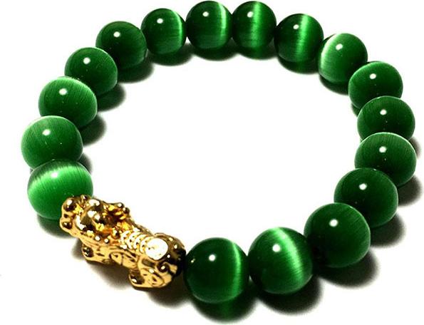 Vòng tay phong thủy đá mắt mèo màu xanh lục kèm cham tì hiu bạc mạ vàng 24k cao cấp cho người mệnh hỏa - mệnh mộc - VPT27A- Bạc QTJ