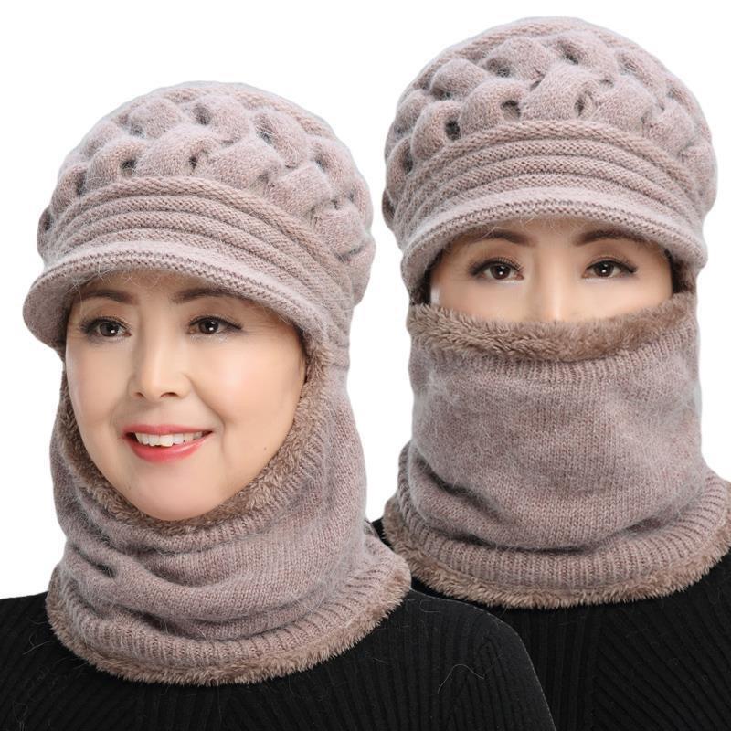 mũ len ấm cho người già, nón len nữ kèm khăn che mặt siêu ấm, mũ len thời trang nữ trung niên