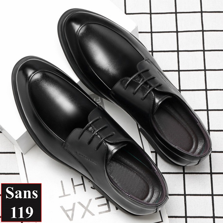 Giày tăng chiều cao nam da bò Sans119 độn đế 8cm công sở cao cấp buộc dây tây đen chú rể mặc vest size nhỏ 37 38 mũi tròn