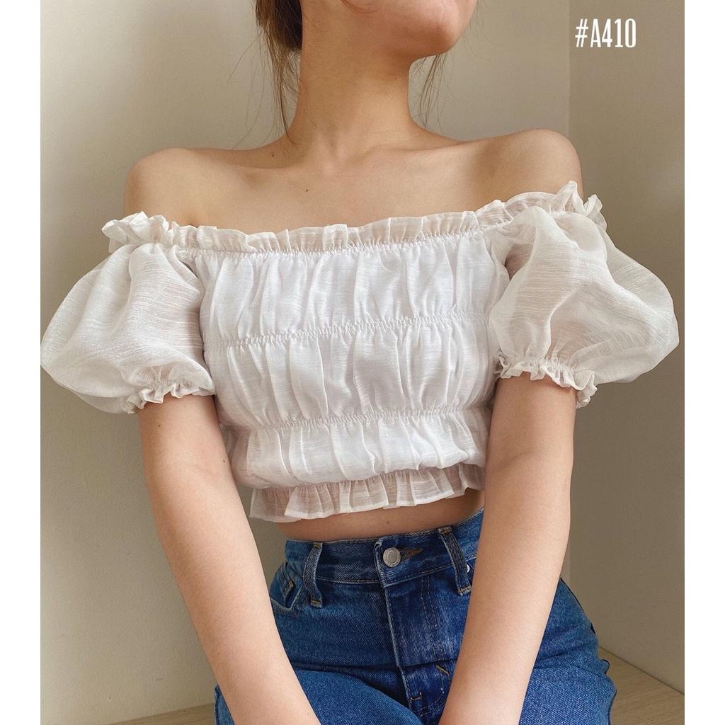 Áo croptop ánh kim trễ vai tay phồng có 2 màu freesize mặc được 2 kiểu