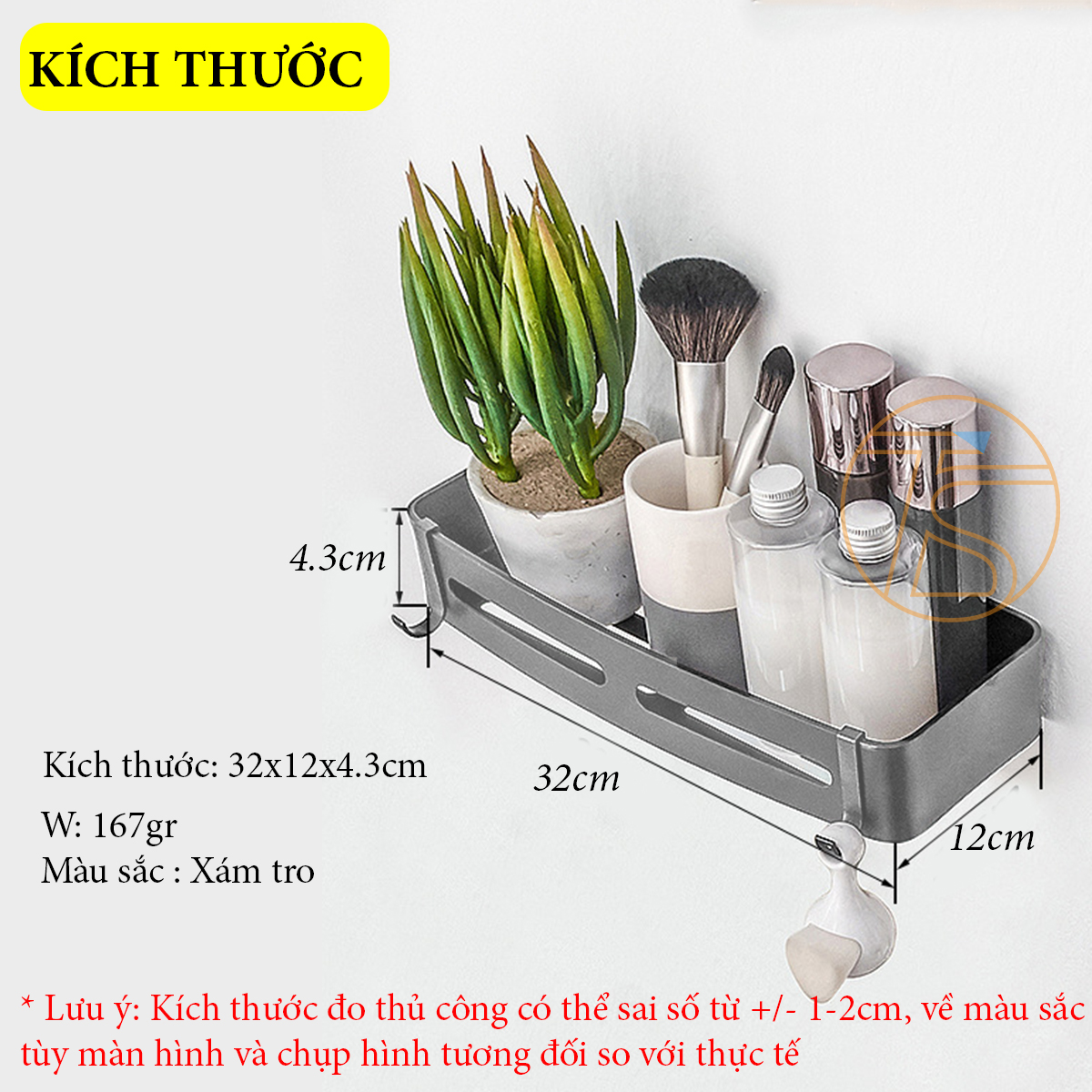 Kệ nhôm dán tường kèm 2 móc treo để đồ trong phòng tắm, phòng bếp kèm keo và ốc vít