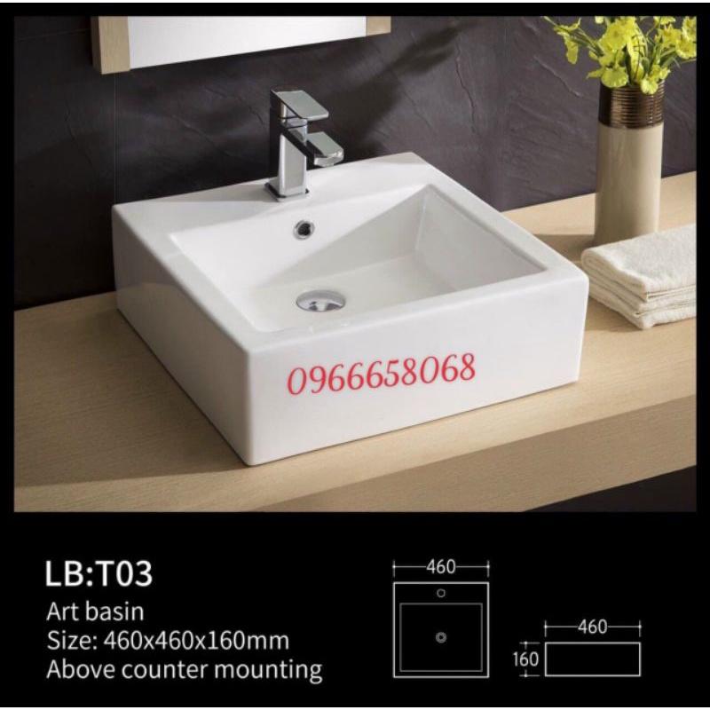 Lavabo sứ đặt bàn vuông KT 46*46*16 ( BH sứ 10 năm)